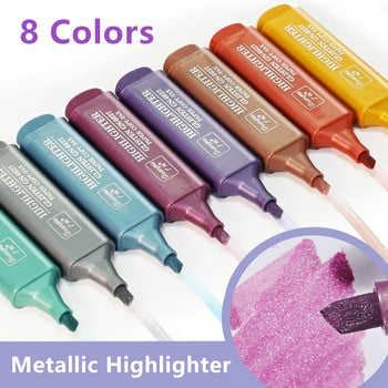 8 цвята/комплект Метален хайлайтър Флуоресцентни блестящи маркери За вземане на бележки Блестяща писалка за дневник Скрапбук Рисуване Художествени принадлежности