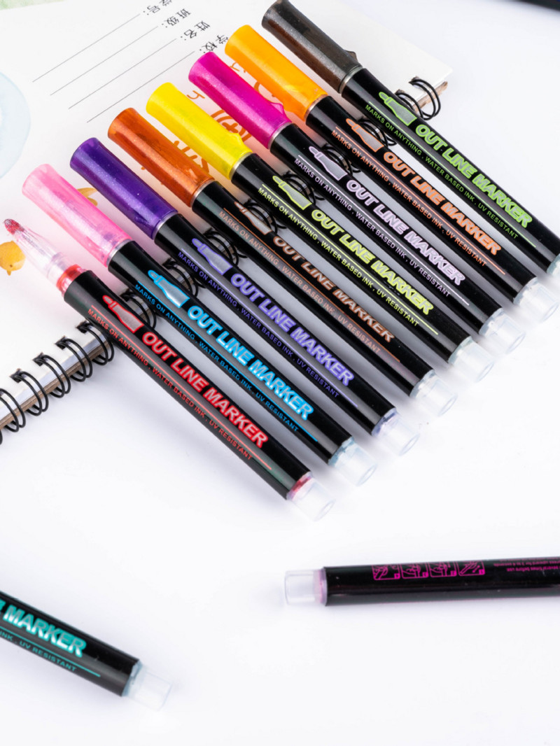 8/12 spalvotas dviejų linijų kontūrų rašiklio rinkinys Metalinės spalvos magiškas žymeklio rašiklis, skirtas dailės tapybai, rašymui mokykliniai reikmenys