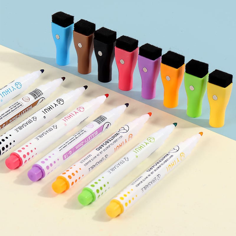 Čarobni markeri u boji u 8 boja koji se mogu izbrisati. Magnet za olovku za bijelu ploču za crtanje učenika koji se može upiti četkom. Školski pribor