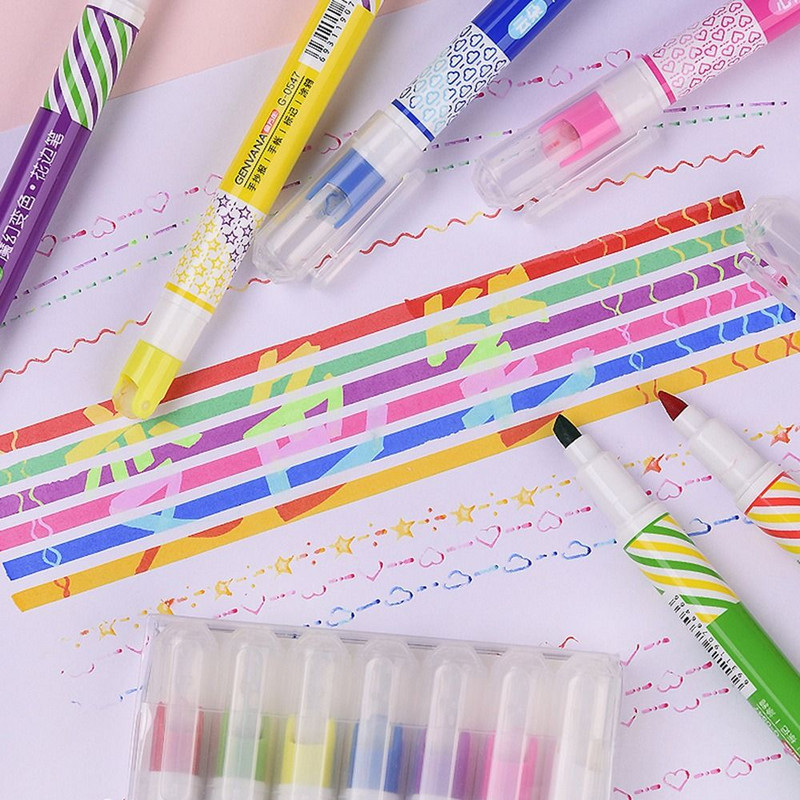 7PCS Dvoglavi Highlighter Funny Pattern Outline Marker Pen Hand Copy Account Multi-Colored Quick Dry Mark Notes Slika