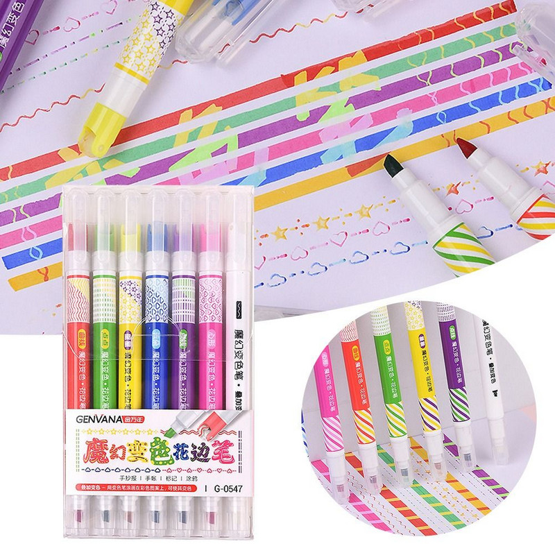 7PCS Dvoglavi Highlighter Funny Pattern Outline Marker Pen Hand Copy Account Multi-Colored Quick Dry Mark Notes Slika
