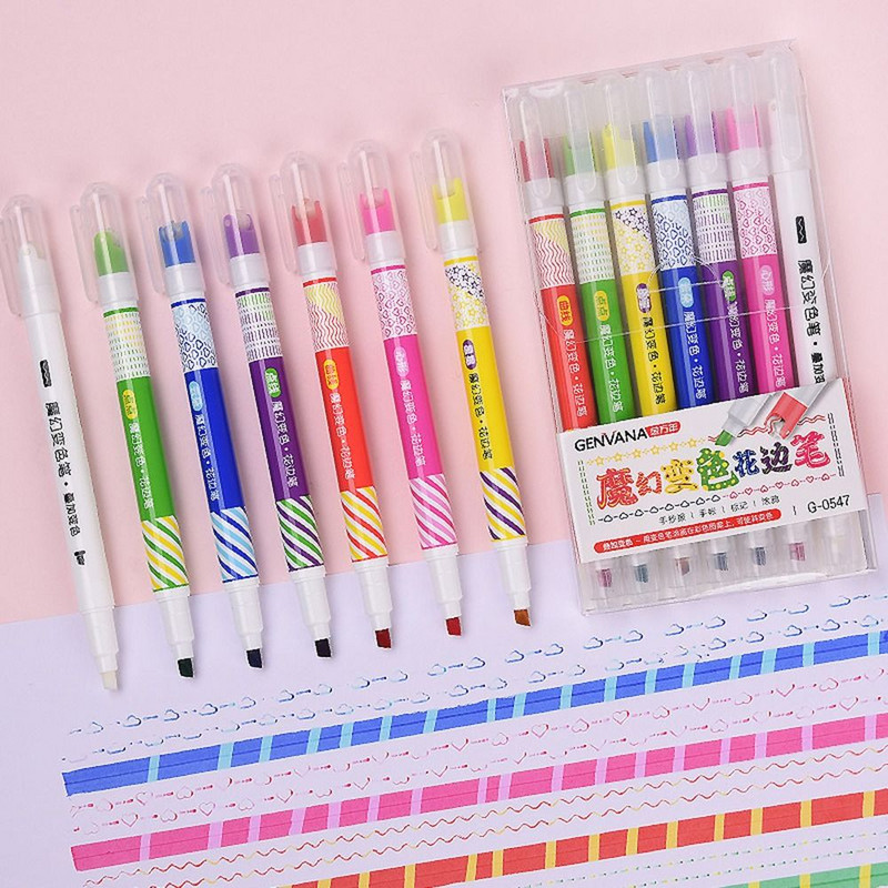 7PCS Dvoglavi Highlighter Funny Pattern Outline Marker Pen Hand Copy Account Multi-Colored Quick Dry Mark Notes Slika