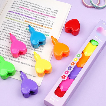 6 в 1 сладки цветни химикалки във формата на сърце Мини флуоресцентна писалка за хайлайтър Kawaii Chalk Marker Pens Канцеларски материали