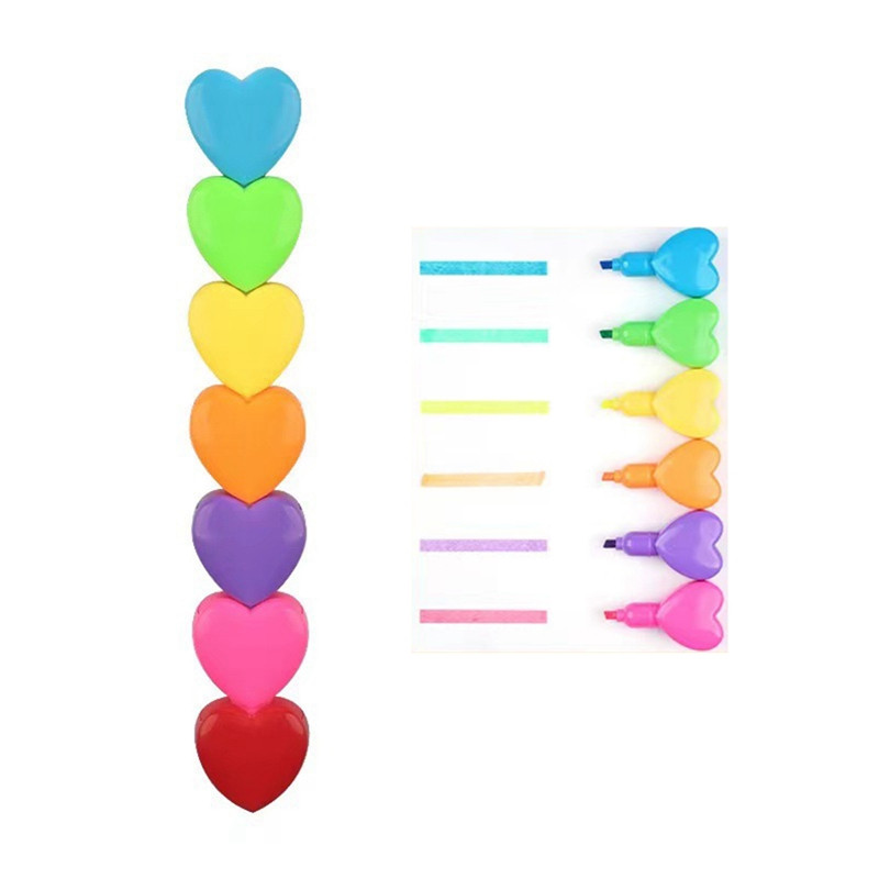 6 vienā jaukas sirds formas krāsainas pildspalvas Mini dienasgaismas izcelšanas pildspalva Kawaii krīta marķieris pildspalvas rakstāmpiederumu materiāls