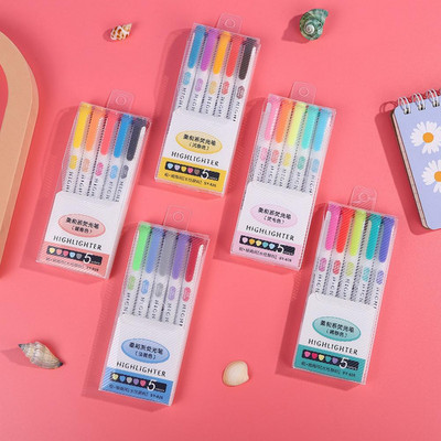 5 szín/doboz Kétfejű kiemelő toll szett Fluoreszkáló jelölők Kiemelők Toll Art Marker Japán Aranyos Kawaii Irodaszerek