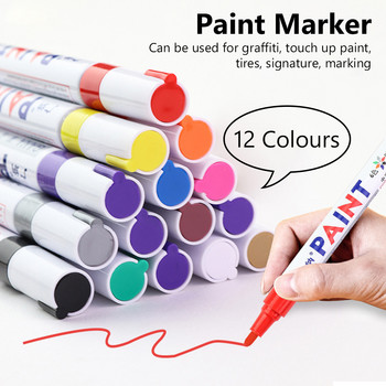 12 цвята, 1 бр. Цветна писалка за боядисване Водоустойчиви трайни бели маркери Протектор на гума Боядисване на гумен плат Метални арт маркери за лице