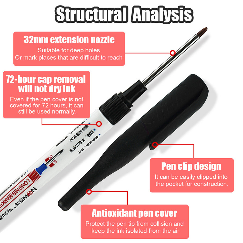 1/3/8 db 32 mm hosszú fejű olajjelölő toll vízálló többcélú mélylyuk jelölő toll famegmunkáló szerszám fekete/piros/kék tinta