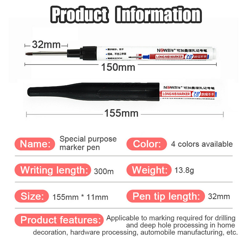 1/3/8 db 32 mm hosszú fejű olajjelölő toll vízálló többcélú mélylyuk jelölő toll famegmunkáló szerszám fekete/piros/kék tinta