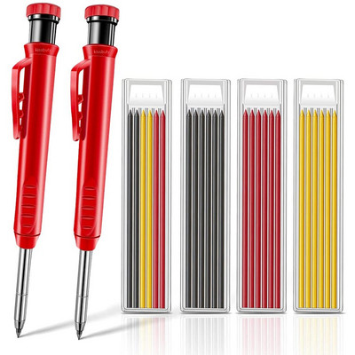 Масивен комплект дърводелски моливи с 6 пълнителя Вградена острилка Инструмент за маркиране Дървообработващи механични моливи с дълбоки отвори