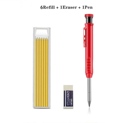 Tvirtas dailidės pieštukų rinkinys su 6 papildymo laidais, įmontuotu galandiklio žymėjimo įrankiu Medžio apdirbimo gilių skylių mechaniniai pieštukai