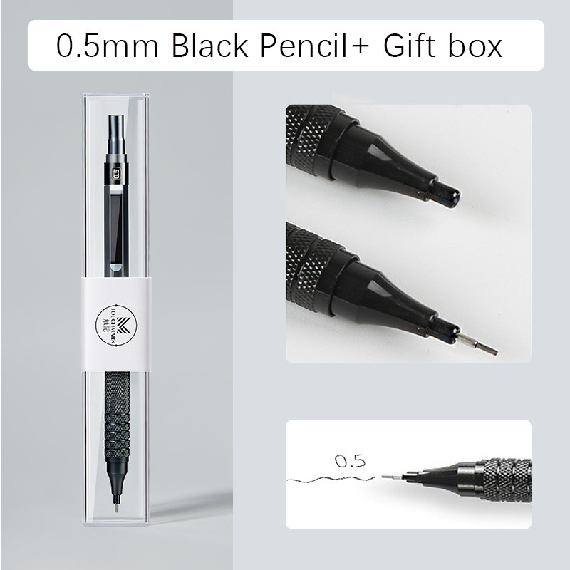 0,3 0,5 0,7 2,0 mm meniniai piešimo automatiniai pieštukai Žemo svorio centro ištraukiamas antgalis metalinis mechaninis pieštukas su dovanų dėžutės rinkiniu