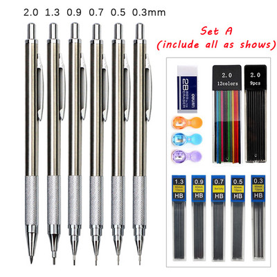 Set de creioane mecanice din metal 0,3 0,5 0,7 0,9 1,3 2,0 mm rezerve de plumb Artă Schiță automată Creioane pentru schițe Rechizite școlare de birou