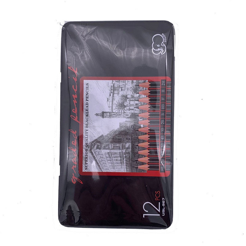 Set de 12 creioane de desen 2H-8B Creioane din grafit pentru școală Cutie metalică ambalate Papetarie Rechizite școlare de artă