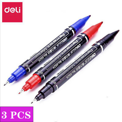 DeLi 3 kom/set trajnih markera s dvostrukim vrhom, fina točka, (crna, plava, crvena) tinta, 0,5 mm-1 mm Papir CD Staklo Tkanina Označavanje bojom