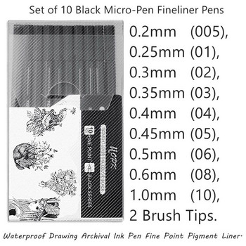 10Pcs/σετ Pigment Liner Micron Ink Marker Pen 0,05 0,1 0,2 0,3 0,4 0,5 Brush Tip Black Fineliner Sketching Manga Drawing Pen