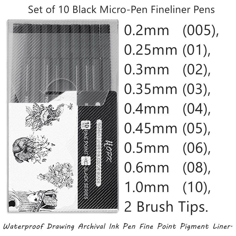 10 tk/komplekt Pigment Liner Micron Ink Marker Pliiats 0,05 0,1 0,2 0,3 0,4 0,5 Pintsli ots Must Fineline Sketching Manga Joonistuspliiats