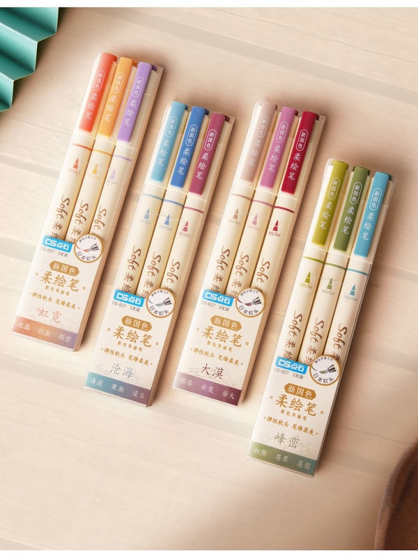 3tk Uus retrovärviline marker joonistuspliiatsite komplekt, pehme pintsliots Originaalne disain Kalligraafia Kirjad Maalikool A6335