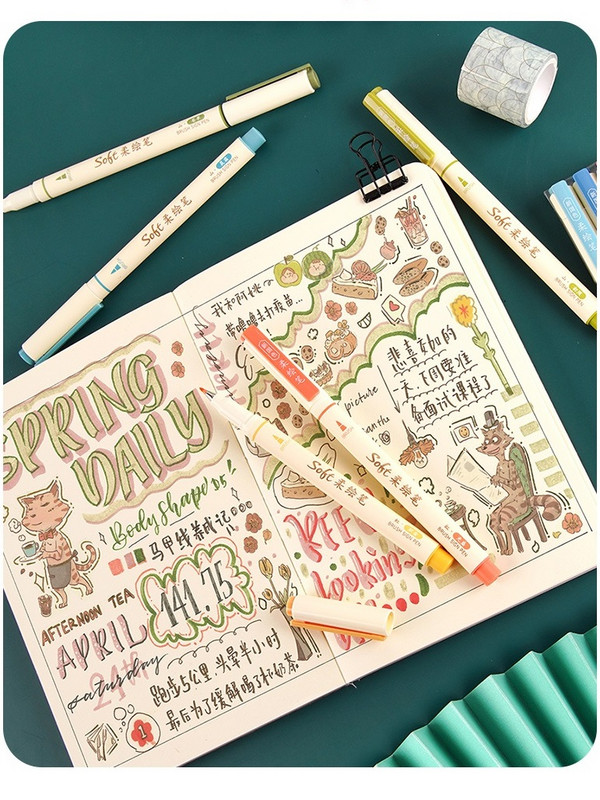 3tk Uus retrovärviline marker joonistuspliiatsite komplekt, pehme pintsliots Originaalne disain Kalligraafia Kirjad Maalikool A6335