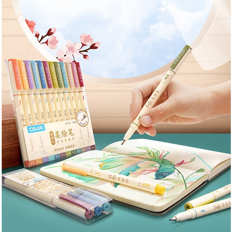 3tk Uus retrovärviline marker joonistuspliiatsite komplekt, pehme pintsliots Originaalne disain Kalligraafia Kirjad Maalikool A6335