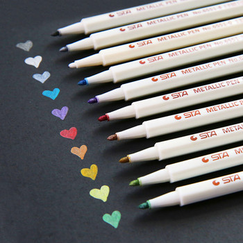 10 цвята STA Fineliner Metallic Marker Pen Liner Флумастери Списък с четки Дневник за рисуване Училищни канцеларски материали Художествени принадлежности