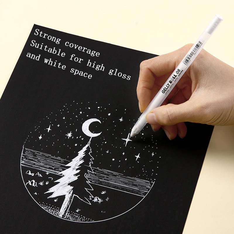 3 vnt. gelinis rašiklis, baltas, 0,5 mm, 0,8 mm, 1,0 mm šviesus, juodas kartoninis piešimo rašiklis, baltos linijos rašiklis, studentų reikmenys