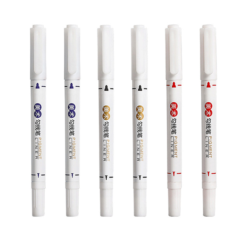 6 buc./set Marker de artă, rezistent la apă, permanent, vârf dublu, 0,5/1,0 mm, penit, negru, albastru, roșu, pixuri, pixuri, pixuri, pentru studenți, școală, birou, papetărie