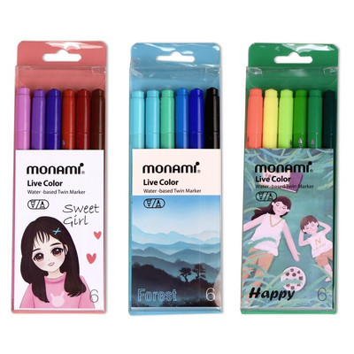 Monami Live Color 6 vnt rašiklių rinkinys, vandens pagrindu pagamintas dvigubas žymeklio įdėklas piešimui dažams Art Sweet Gift School A7313