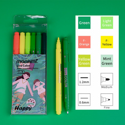 Monami Live Color 6 τμχ Σετ στυλό με διπλό μαρκαδόρο με βάση το νερό για σχέδιο ζωγραφικής τέχνης Sweet Gift School A7313