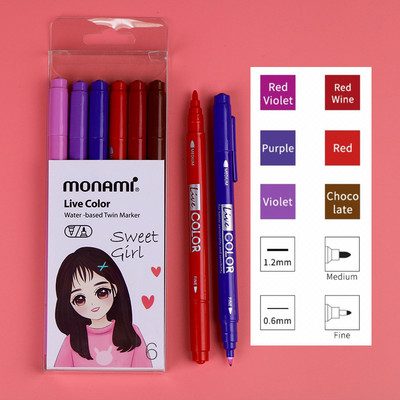 Monami Live Color 6 τμχ Σετ στυλό με διπλό μαρκαδόρο με βάση το νερό για σχέδιο ζωγραφικής τέχνης Sweet Gift School A7313