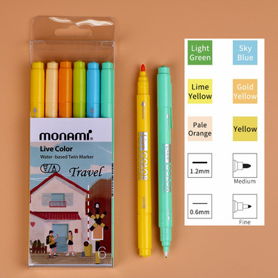 Monami Live Color 6 τμχ Σετ στυλό με διπλό μαρκαδόρο με βάση το νερό για σχέδιο ζωγραφικής τέχνης Sweet Gift School A7313