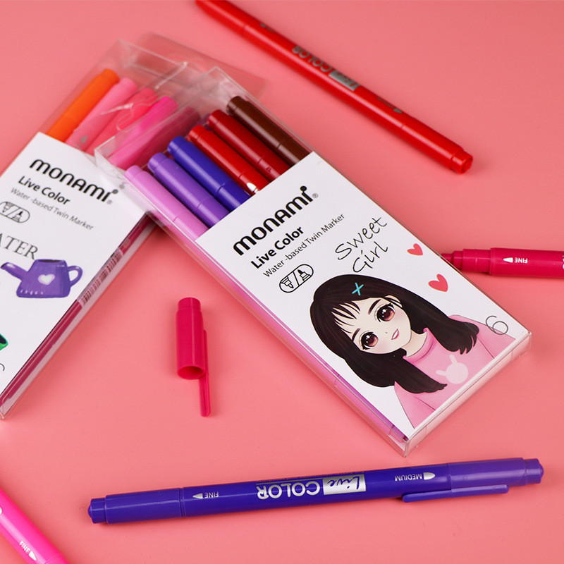 Monami Live Color 6 τμχ Σετ στυλό με διπλό μαρκαδόρο με βάση το νερό για σχέδιο ζωγραφικής τέχνης Sweet Gift School A7313