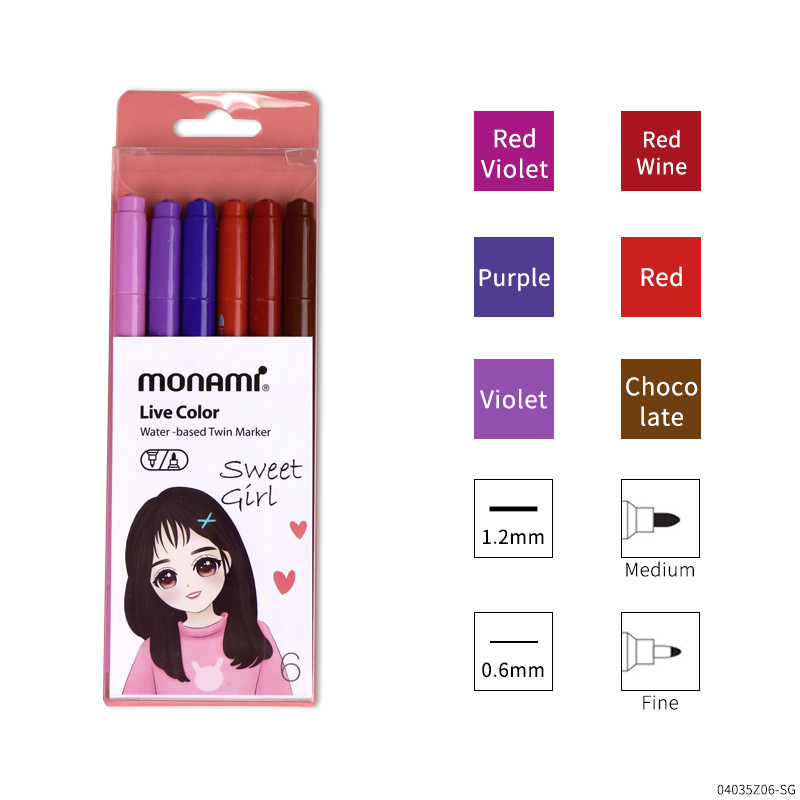 Monami Live Color 6 τμχ Σετ στυλό με διπλό μαρκαδόρο με βάση το νερό για σχέδιο ζωγραφικής τέχνης Sweet Gift School A7313