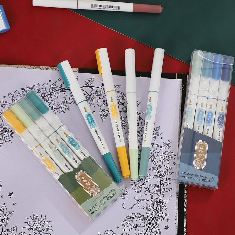 4 tk / komplekt Õpilane värviline joonistus Kahe otsaga käsitsi maalitud pastakad DIY päeviku kaunistus kirjutamine kunsti markerid Kawaii kirjatarbed