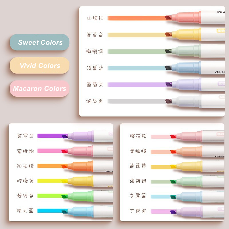 DELI Set markera za označavanje s mekim vrhom, fluorescentna olovka u pastelnim bojama, 3 raspona boja, 6 kom./pak.