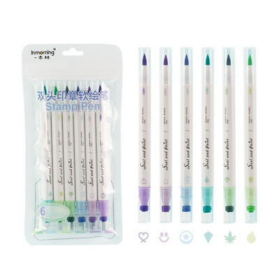 6 τμχ Σετ στυλό έγχρωμης σφραγίδας Seal Paint Dual Ended Brush & Highlighter Liner Art Marker for Drawing School F7356
