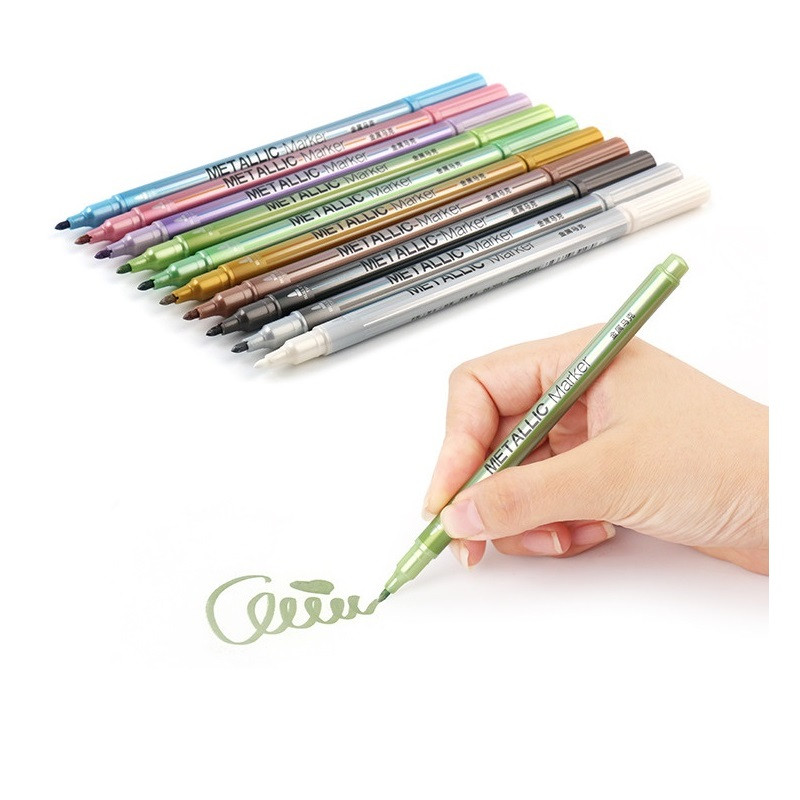 10 бр./Партида Метална микрона химикалка Детайлна маркировка Цветен метален маркер за албум Черна хартия Рисуване Училищни художествени принадлежности A6924