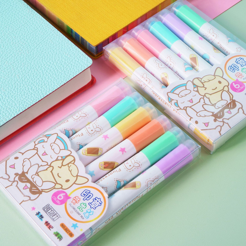 6Pcs/set Kawaii Stamp Highlighter Slatke bombone boje Crtanje Slika Manga Art Marker Pen Školski pribor Korejski pribor