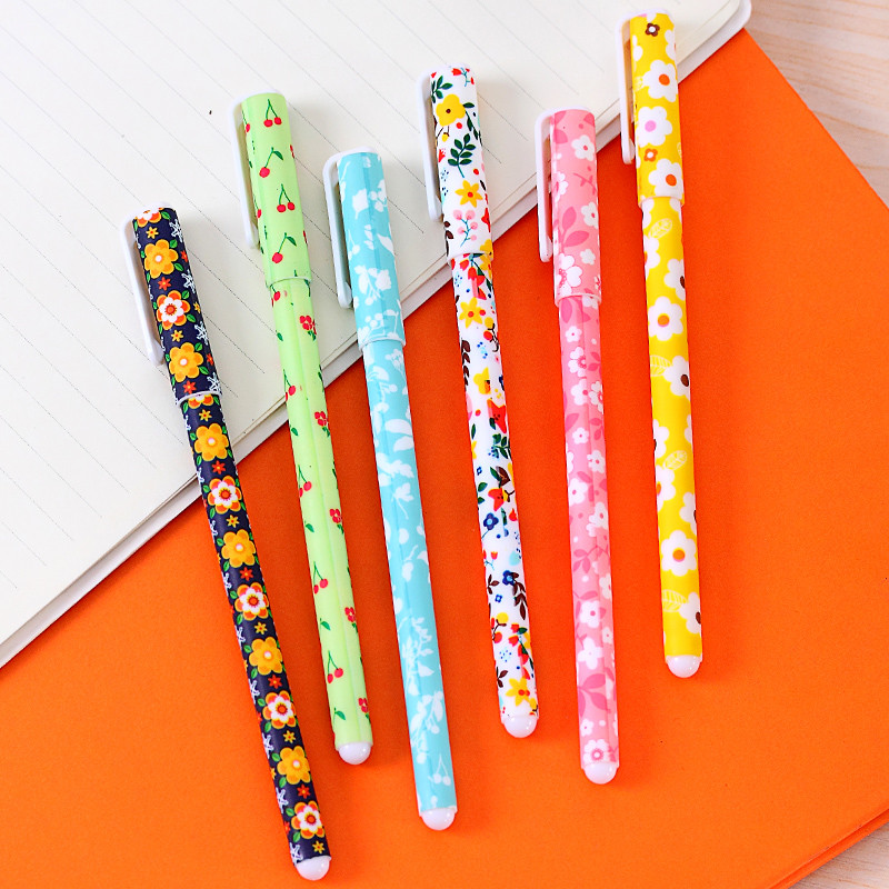 6 бр. Комплект черни химикалки с мастило 0,38 mm Химикалки със звездна звезда и цветя, канцеларски материали, офис ученически пособия F824