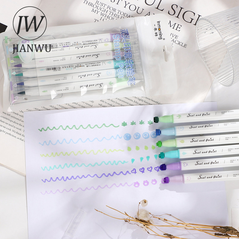JIANWU 6 boja/set Dvoglavi pečat Mekana olovka Kreativna DIY Jednostavna flomaster olovka Akvarel olovka Pribor za studente