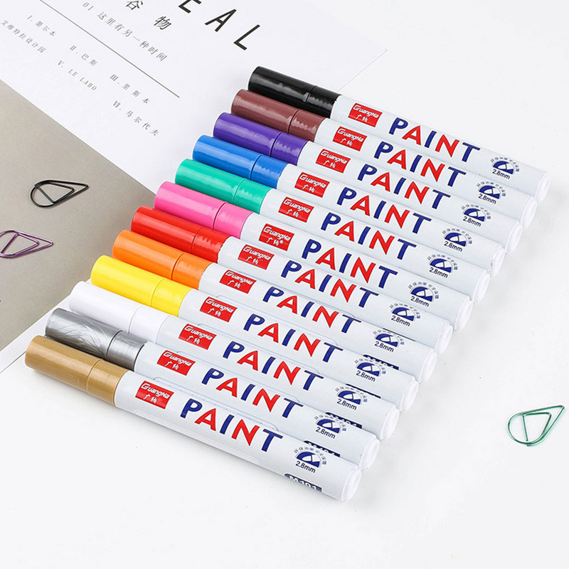 12 värvi veekindel fluorestsentspliiats Esiletõstja autorehvi rehvi turvise CD metallist värvi püsimarker Graffti õlised markerpliiatsid