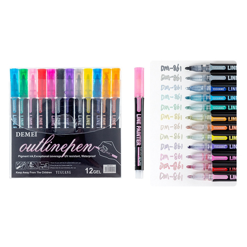 12/24 boje Dvostruki obrisi Umjetnička olovka Diy Obrisi Marker olovka Svjetlucavi metalni marker u boji Spomenar Bullet Diary