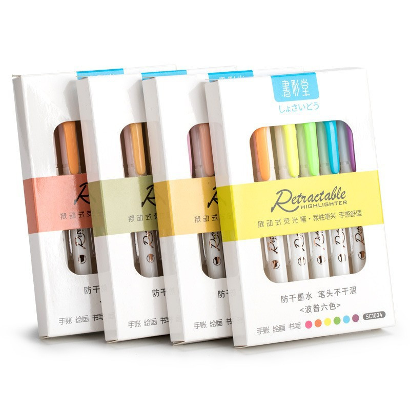 6 цвята Kawaii Retractable Highlighters Macaron Color Fluorescent Pen Markers, for highlighting Drawing Doodling Coloring Set
