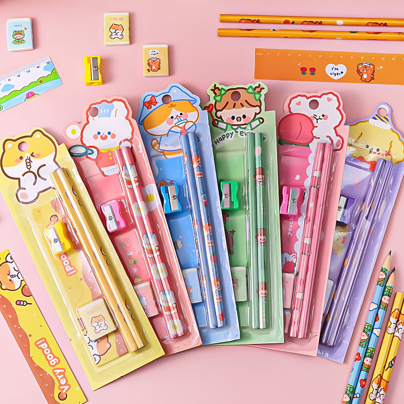5pcs/set crtani HB gumice za olovke Lenjir Kawaii Drveni slatki set olovaka Studenti Dječji darovi za školski uredski pribor