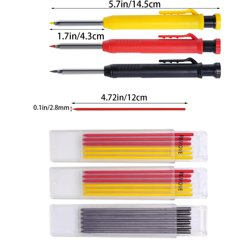 Set de creioane solid pentru dulgher, stilou mecanic pentru prelucrarea lemnului, instrument de marcare a găurilor adânci de 2,8 mm, ascuțitor încorporat, muncitor, arhitect, scriber