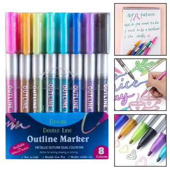 8-цветна коледна химикалка, хайлайтер, двойна линия, контур, арт писалка, маркери, химикалки, дневник, плакат, карта, графити, рисуване, писане