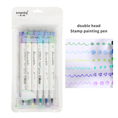 6 цвята/комплект Обикновен двуглав печат Мека писалка с боя Creative Направи си сам Журнал Маркер Акварелна писалка Канцеларски материали Студентски принадлежности