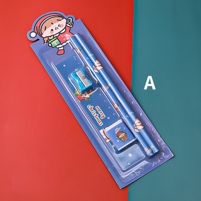 5 бр. Коледен комплект канцеларски материали Острилка за моливи Гума Комплект линийка Подарък за деца Училищни канцеларски принадлежности