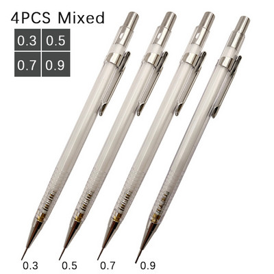 Kiváló minőségű 4 darab/készlet 0,3 0,5 0,7 0,9 mm Egyszerű fehér mechanikus ceruza Diákíró festészet Irodaszerek Iskolai kellékek
