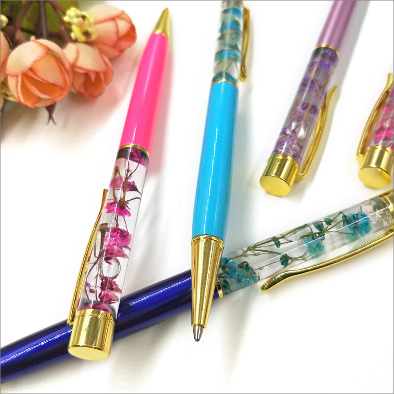 Pix cu bilă din metal cu flori uscate, pix colorat cu cristal de înaltă calitate
