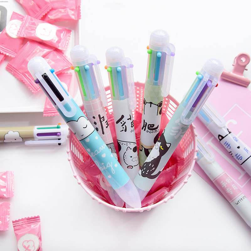 1 buc. Pix cu minge 6 în 1 cu pisică de desene animate, 0,5 mm, noutate creativă, pixuri multicolore, papetărie școlare, cadou pentru copii, rechizite de birou